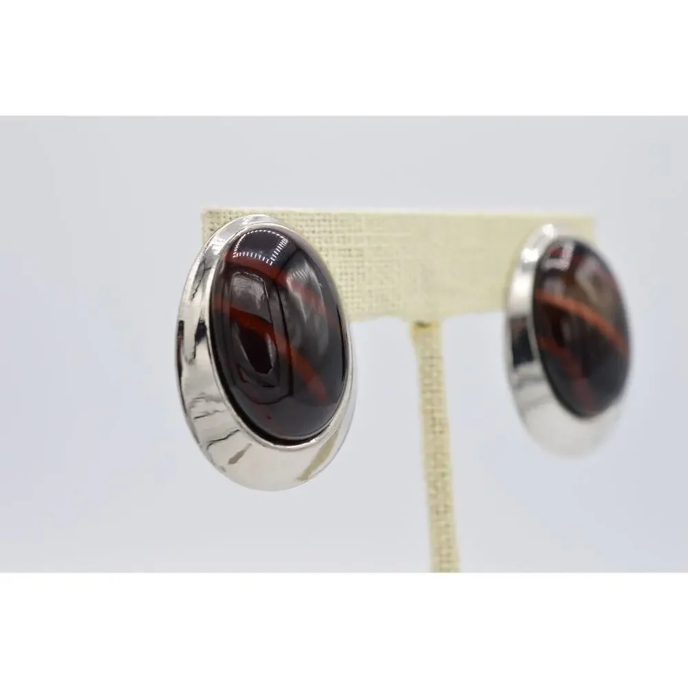 Vintage Oval Clip On Earrings Silver Lucite Tortoise Chunky NOS 1980s BinAA